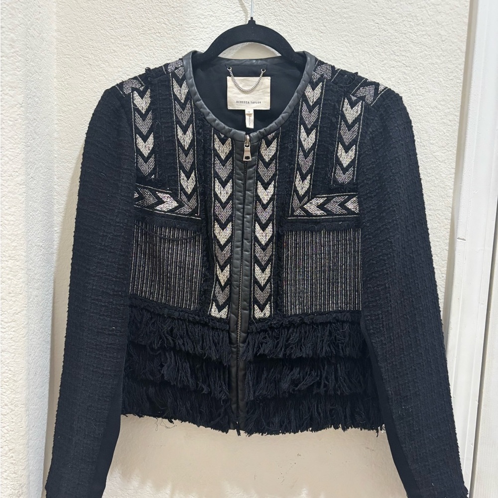 Rebecca Taylor Black Tweed Embroidered Fringe Jacket